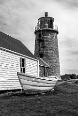 Rowboat by Stone Tower of Monhegan Island Light - BW